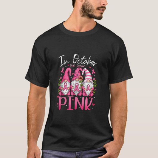ピンクのリボンのノーム 女性 乳がん啓発ウェア 10月 Tシャツ (正面)