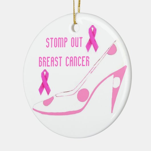 ピンクのリボンのハイヒールを持つ乳癌はずかずかと歩きます セラミックオーナメント (左)