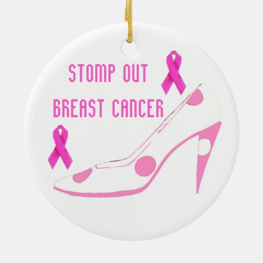 ピンクのリボンのハイヒールを持つ乳癌はずかずかと歩きます セラミックオーナメント (裏面)