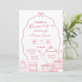 ピンクのリボンのハンドドゥードル A Baby is brewing ベビーシャワー 招待状 (スタンド正面)