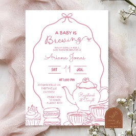 ピンクのリボンのハンドドゥードル A Baby is brewing ベビーシャワー 招待状