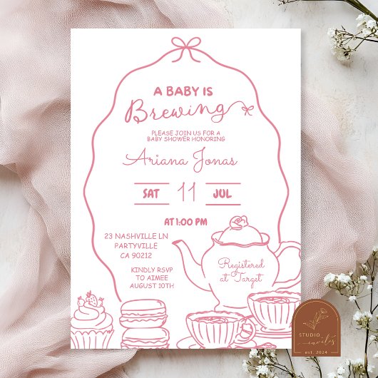 ピンクのリボンのハンドドゥードル A Baby is brewing ベビーシャワー 招待状