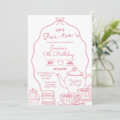 ピンクのリボンのハンドドゥードル Let's Par-Tea バースデー 招待状 (スタンド正面)