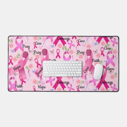 ピンクのリボンのパーソナライズされた言葉と名前の乳がん デスクマット (キーボード&マウス)