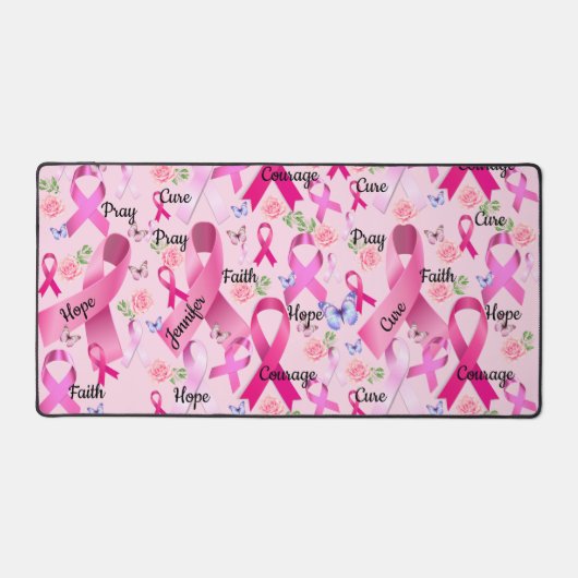 ピンクのリボンのパーソナライズされた言葉と名前の乳がん デスクマット (正面)