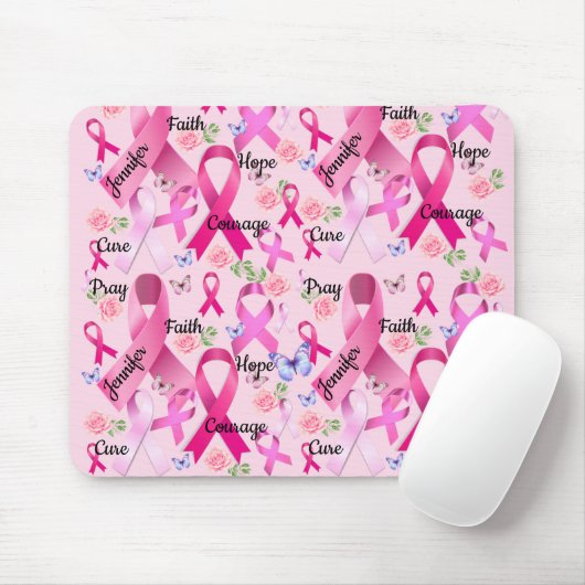 ピンクのリボンのパーソナライズされた言葉と名前の乳がん マウスパッド (マウス)