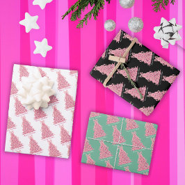 ピンクのリボンのピンクのクリスマスツリー ラッピングペーパーシート