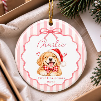ピンクのリボンのペットの初めてのクリスマスオーナメント セラミックオーナメント