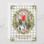 ピンクのリボンのボウが可愛い家族写真のクリスマスリース シーズンカード (正面)