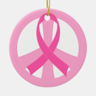 ピンクのリボンの乳癌のピースサインのギフト セラミックオーナメント