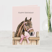 ピンクのリボンの付いたフェンスと馬 誕生日 カード (正面)