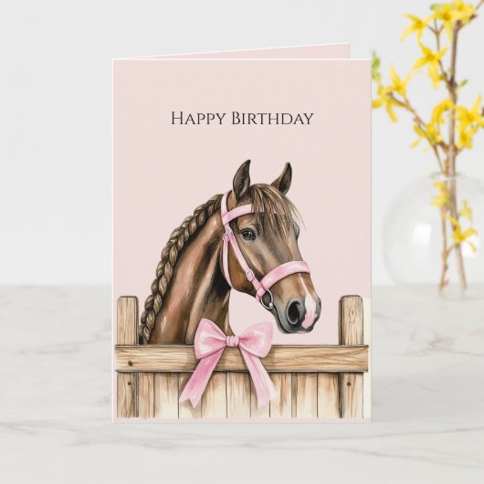 ピンクのリボンの付いたフェンスと馬 誕生日 カード (黄色い花)