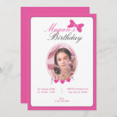 ピンクのリボンの写真の誕生日 招待状 (正面/裏面)