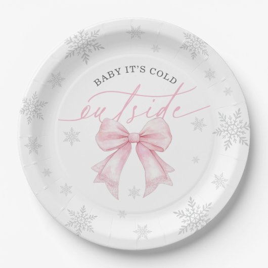 ピンクのリボンの冬のベビーシャワー Baby It’s Cold Outside ペーパープレート (正面)