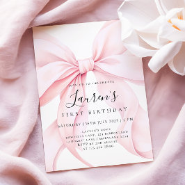 ピンクのリボンの女の子の１歳の誕生日 招待状