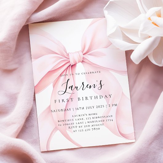 ピンクのリボンの女の子の１歳の誕生日 招待状