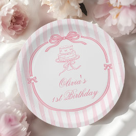 ピンクのリボンの女の子の1歳の誕生日 ペーパープレート