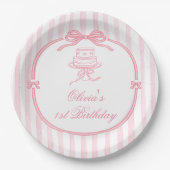ピンクのリボンの女の子の1歳の誕生日 ペーパープレート (正面)