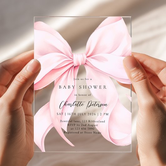 ピンクのリボンの女の子ベビーシャワー招待状 アクリル招待状