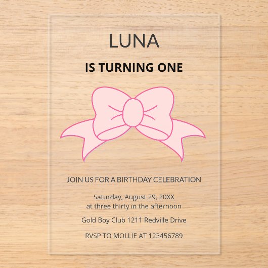 ピンクのリボンの女の子 キッズ 1歳の誕生日 アクリル招待状 (正面)