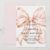 ピンクのリボンの女の子 初誕生日 招待状 (正面/裏面)