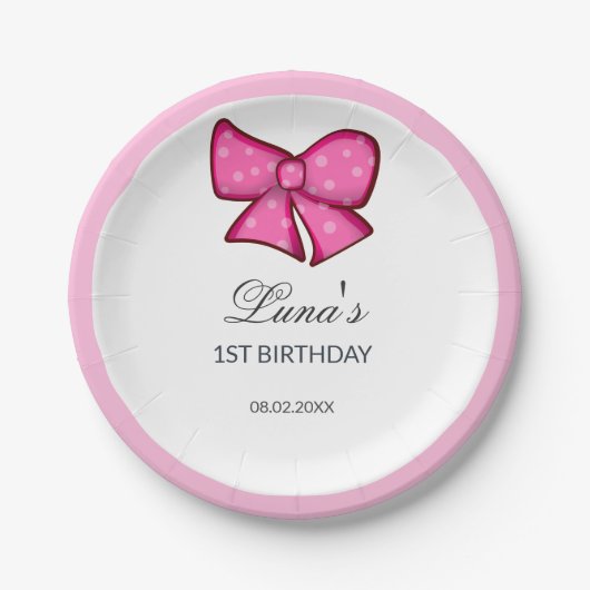 ピンクのリボンの女の子 子供の1歳の誕生日 ペーパープレート (正面)