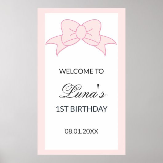 ピンクのリボンの女の子 子供の1歳の誕生日 ポスター (正面)