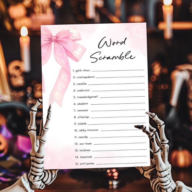ピンクのリボンの小さなブー ワードスクランブルゲーム (Girl Coquette Halloween Baby Shower Word Scramble Game)