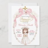 ピンクのリボンの少女が祈るスペイン語のプリメーラ・コミュニオン 招待状 (正面)