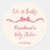ピンクのリボンの弓スケッチ赤ちゃんシャワーの好意 ラウンドシール (正面)