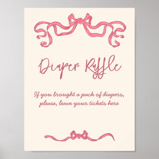 ピンクのリボンの弓スケッチ赤ちゃんシャワーラッフルのサイン ポスター (正面)