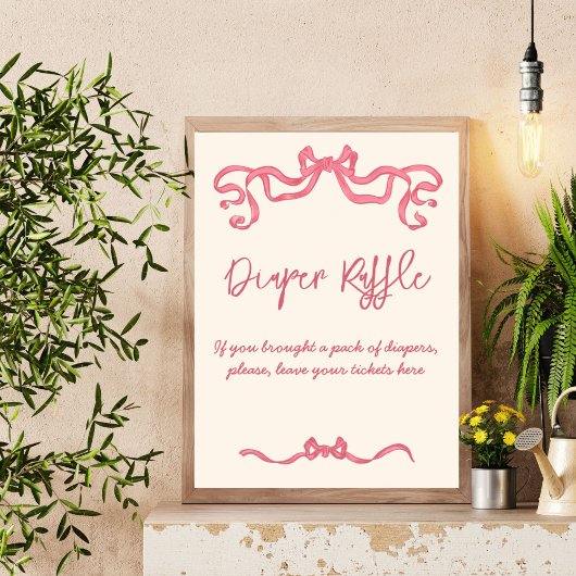 ピンクのリボンの弓スケッチ赤ちゃんシャワーラッフルのサイン ポスター