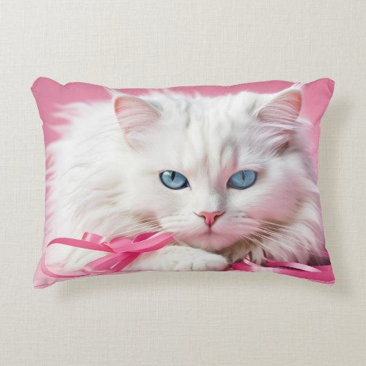 ピンクのリボンの白い猫 アクセントクッション (正面)