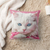 ピンクのリボンの白い猫 クッション (ブランケット)