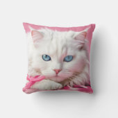 ピンクのリボンの白い猫 クッション (正面)