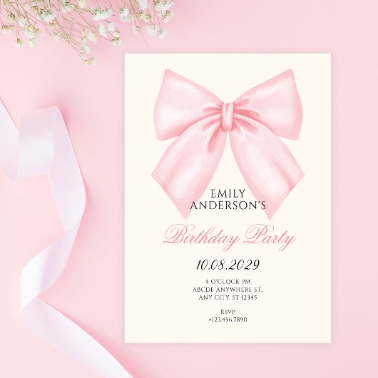 ピンクのリボンの誕生日 招待状