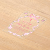 ピンクのリボンの野の花の蝶々 洗礼式 教会の子供の洗礼 アクリル招待状 (レイダウン)