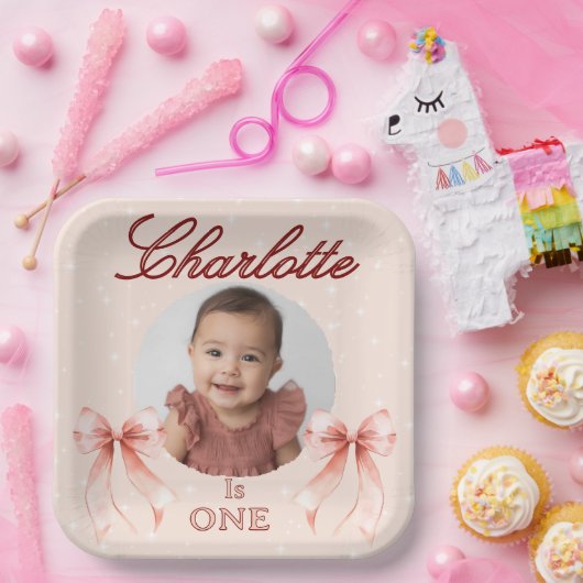 ピンクのリボンの1歳の誕生日！ ペーパープレート (パーティー)