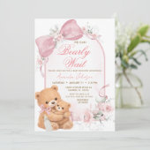 ピンクのリボンのBear-ly Waitベビーシャワー招待状 招待状 (スタンド正面)