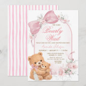ピンクのリボンのBear-ly Waitベビーシャワー招待状 招待状 (正面/裏面)