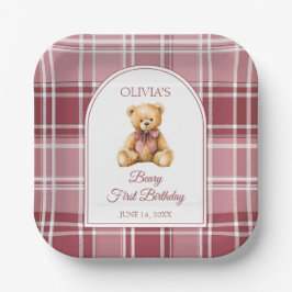 ピンクのリボンを付けたおしゃれなくまのテディベア 1歳の誕生日 ペーパープレート