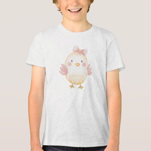 ピンクのリボンを付けたかわいいひよこのイラスト トライブレンドＴシャツ (正面)