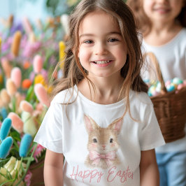 ピンクのリボンを付けたウォーターカラーのうさぎ| かわいいイースターのうさぎ トドラーTシャツ