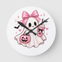 ピンクのリボンを付けたオバケのコケティーク・ハロウィン ラウンド壁時計