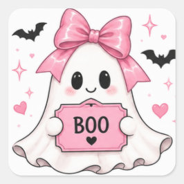 ピンクのリボンを付けたオバケのコケティーヌ・ハロウィン スクエアシール