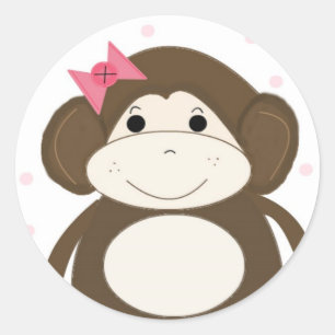 ピンクのリボンを付けた小さなサル ラウンドシール