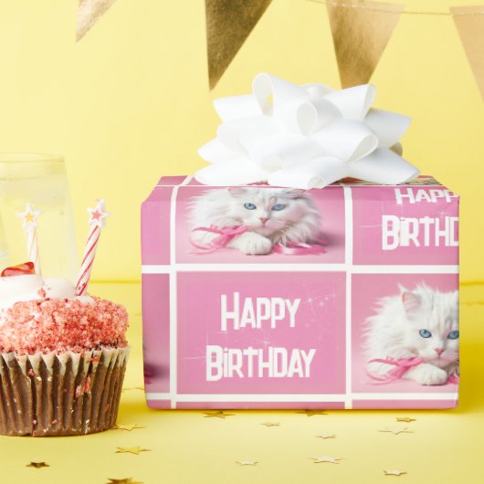 ピンクのリボンを付けた白猫 ラッピングペーパー (誕生日パーティー)
