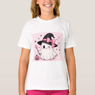 ピンクのリボンを付けた魔女の幽霊 コケット ハロウィン Tシャツ