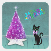 ピンクのリボンを付けた黒猫とピンクのクリスマスツリーと青緑 スクエアシール (正面)