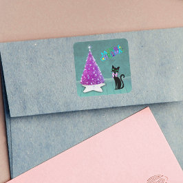 ピンクのリボンを付けた黒猫とピンクのクリスマスツリーと青緑 スクエアシール